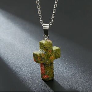 Elegant Cross Pendant Necklace Green Birthstone, Fashion Jewelry Unisex. Trendy